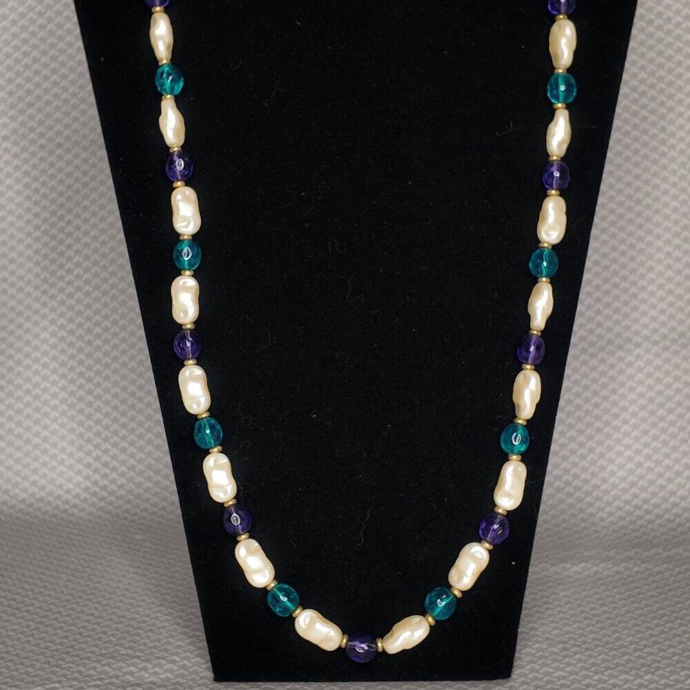 TRIFARI TM Vintage Faux Baroque Pearl Necklace with Turquoise & Purple Beads - Picture 4 of 10